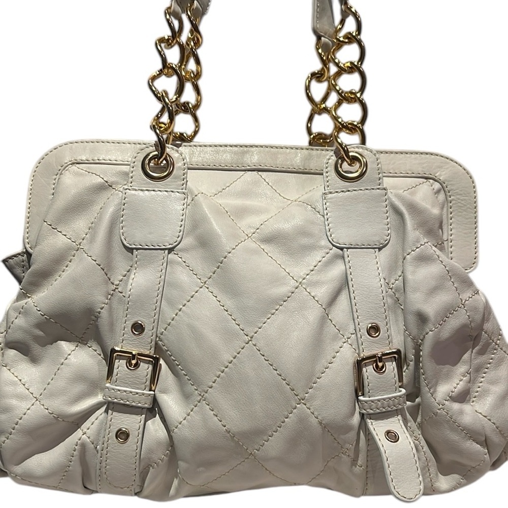 Berge Italy genuine all leather gold tone shoulder purse white zipper handbag